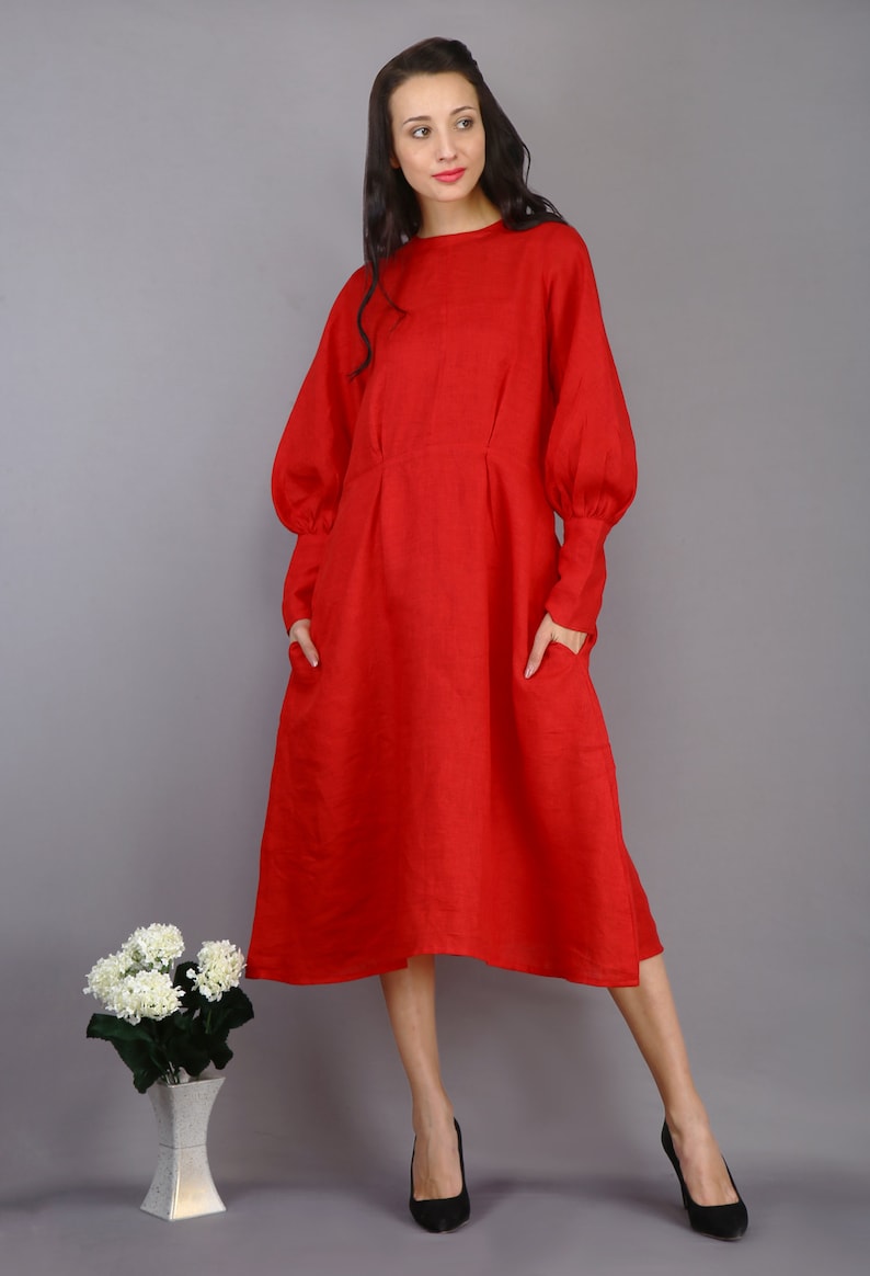 Red Linen Dress, Midi Dress, Plus Size Clothing, Bridesmaid Dress, Vintage Dress, Maxi Dress, Cocktail Dress, Party Dress With Pockets image 3