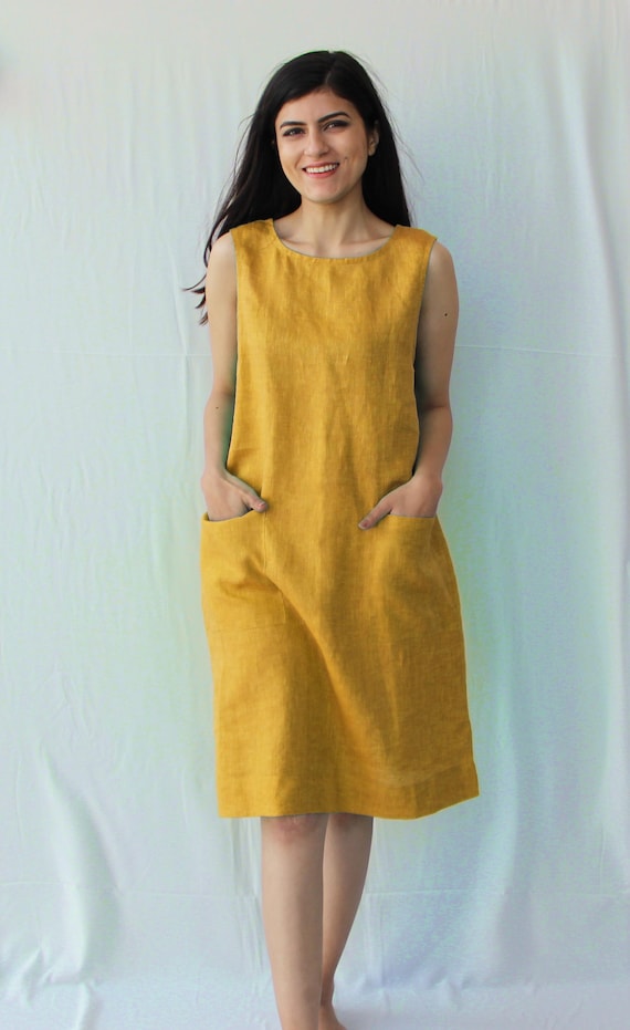Linen Midi Shift Dress with Pockets - Sleeveless Boho Summer Dress
