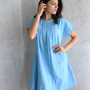 Blue Linen Tunic Dress: Short Sleeve Pintuck Bow Back