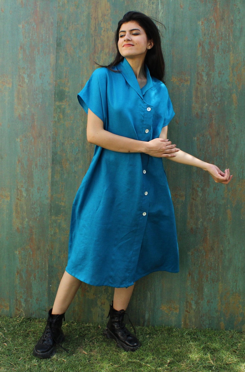 Linen Short Sleeve Shirt Dress With Pockets, Organic Linen Dress, Long Linen Shirt, Blue Linen Midi Dress image 2