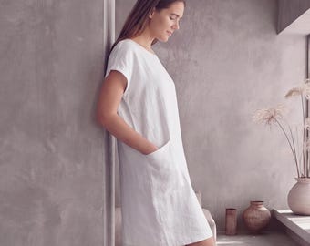 Robe en lin coupe décontractée, manches courtes, poches XXL, coutures françaises (sur commande)