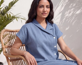 Linen Tunic, Short Sleeve Dress with pockets, Oversized Linen Tunic Dress, Long Linen Shirt, Maternity Dress