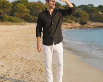 Men's Linen Shirt, Bohemian Long Sleeve Casual Top, Mens Summer Pure Linen Button Shirt