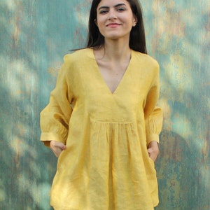 Loose Linen top, Long Sleeves Top, Linen Blouse, Washed and Soft Linen, V-neck Tunic, Washed Linen, Womens Clothing, Linen Clothing image 3