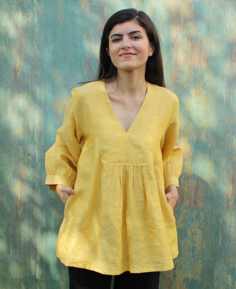 Loose Linen top, Long Sleeves Top, Linen Blouse, Washed and Soft Linen, V-neck Tunic, Washed Linen, Womens Clothing, Linen Clothing image 3