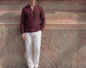 Mens Linen Shirt, Full Sleeves Linen Shirts for Men, Lace-Up Neck Shirt, Renaissance Top for Men, Viking Tunic, Beach linen shirt