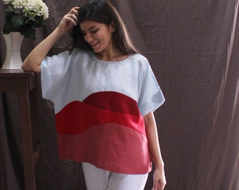 Sky Blue and Red Linen Top, Abstract Wave Art Blouse, Boxy Fit Square Shirt for Women, Bold Handmade Colorblock Summer Top, Gift for Her