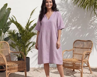 Robe tunique midi en lin : demi-manches, poches, vêtements durables