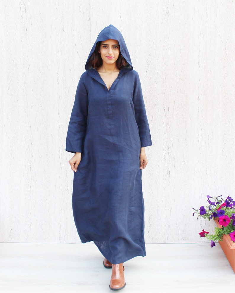 Washed Linen Overalls Blue Linen Dress 100/% Linen Dress Hooded Dress