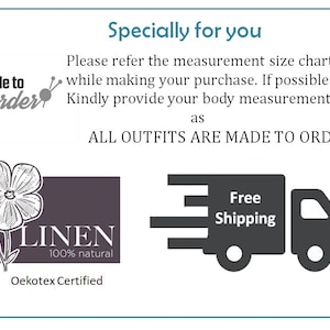 May include: A graphic with the text "Specially for you" and the text "Made to order" with a sewing machine and yarn. The text "All outfits are made to order" is also included. A graphic of a flower with the text "Linen 100% natural" and "Oekotex Certified". A graphic of a delivery truck with the text "Free Shipping".