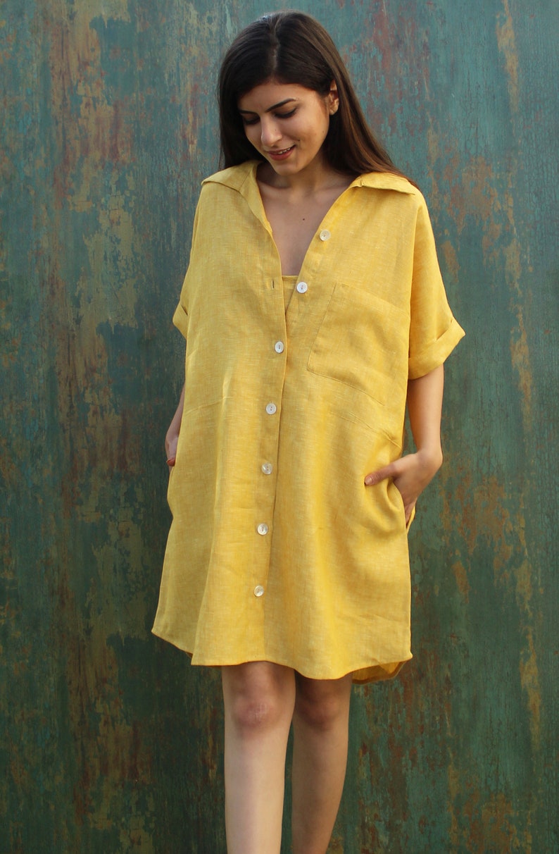 Short Sleeve Shirt Dress, Linen Shirt Dress, Button Up Shirt Dress, Maxi Shirt Dress, Loose Linen Shirt, Yellow Linen Dress, Plus Size Dress image 6