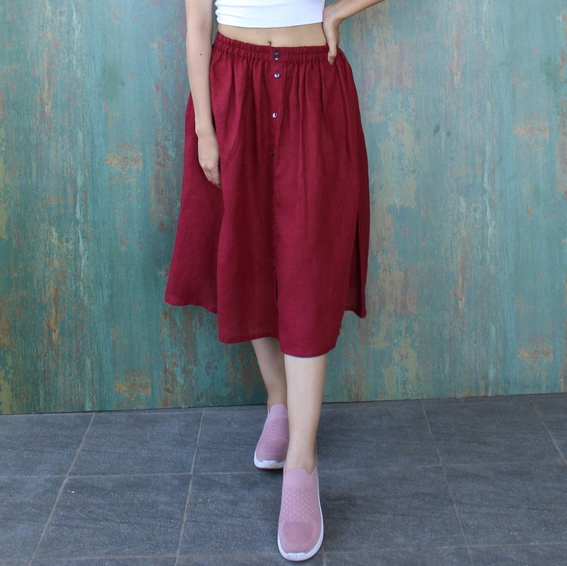 Linen skirt with pocket, elastic skirt, Flared Midi Skirts, Casual Loose Skirts, Flared Midi Skirts, Below the Knee skirt, Plus size skirt image 3