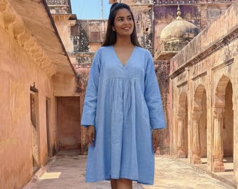 Linen A-Line Knee-Length Dress, V-Neckline and Empire Waist, Long Sleeve Dress, Loose Linen tunic