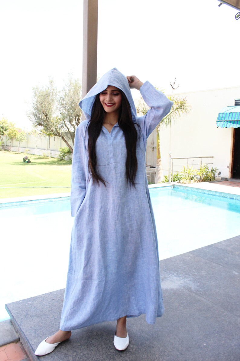 Long Sleeve Dress Hooded Maxi Dress 100 Percent Linen Washed Textured Blue Linen Dress Linen Dress Long Linen Gown Soft Linen Clothing Dresses Valresa Com