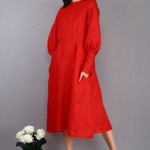 Red Linen Dress, Midi Dress, Plus Size Clothing, Bridesmaid Dress, Vintage Dress, Maxi Dress, Cocktail Dress, Party Dress With Pockets image 2