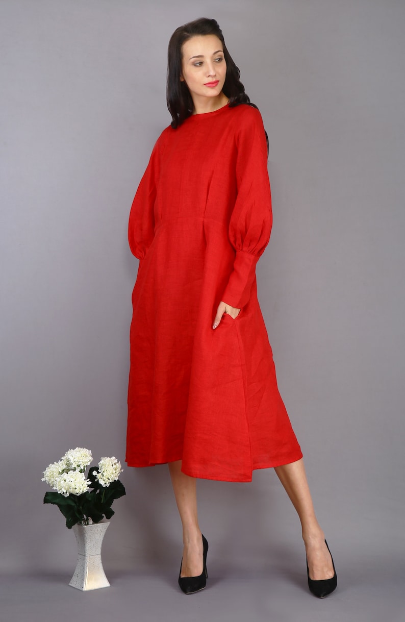 Red Linen Dress, Midi Dress, Plus Size Clothing, Bridesmaid Dress, Vintage Dress, Maxi Dress, Cocktail Dress, Party Dress With Pockets image 2