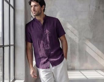Men's Relaxed Fit Short Sleeve Shirt with Mandarin Collar, crew neck tee, Short Sleeve Casual Summer Top, Solid Color Beachwear
