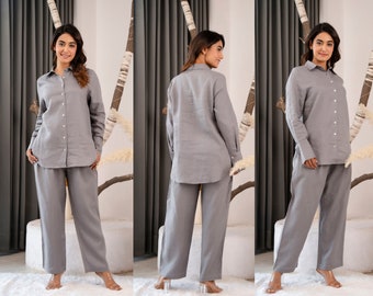 Formal Linen Set, Linen Shirt and trousers Set, Loose linen Shirt, Sustainable Washed Linen PAJAMA SET, Minimalist Woman Clothing