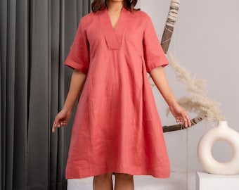 Leinen Tunika Kleid, Loose Fit Leinen Sommerkleid, Knielange Tunika, Leinen Kleid mit Taschen, Kleidung in Übergröße, Lockere Passform