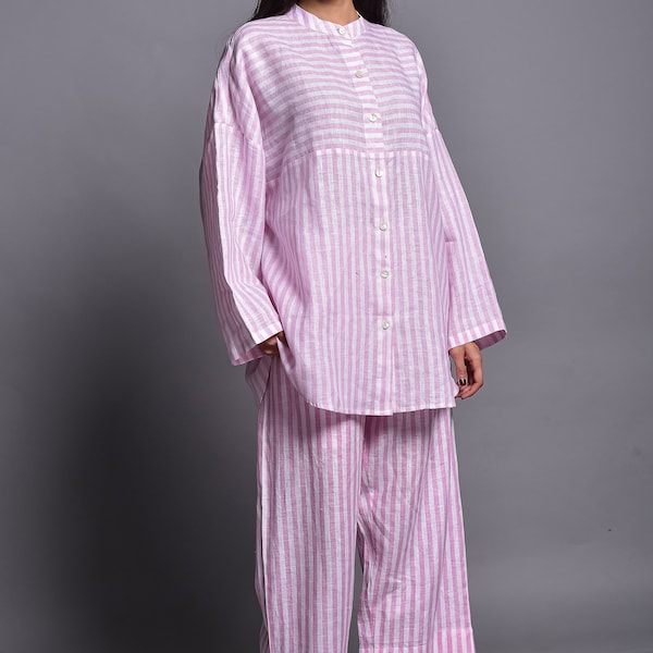Linen Pajama Set: Women's Striped Loungewear with Wide Trousers
