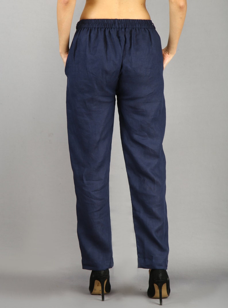 Pantalon en lin bleu pour femme, pantalon de pyjama en lin, pantalon ample, pantalon en lin basique, pyjama en lin, confortable à chaque fois image 4