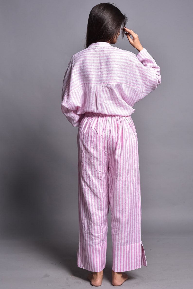 Linen Pajama Set, Linen Shirt and Linen Pants, Two Piece Set, Womens Linen Sleepwear Set, Linen Loungewear, Loose Pants, Wide Trousers image 5