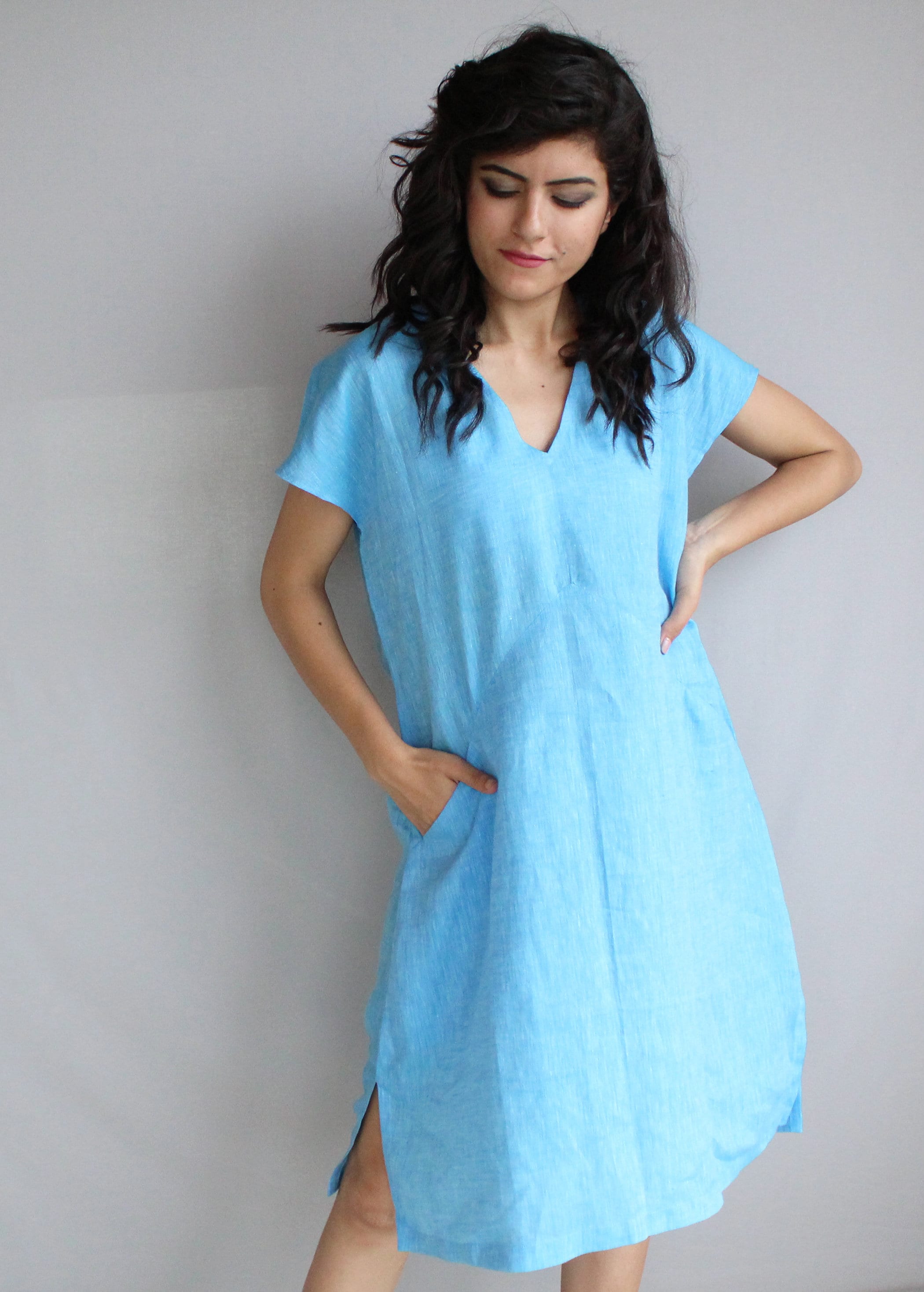 Blue Linen Midi Tunic Dress, Short Sleeve Flax Summer Dress, Women Linendress, Linentunic, Casual Clothing, Minimalist Linen Outfit