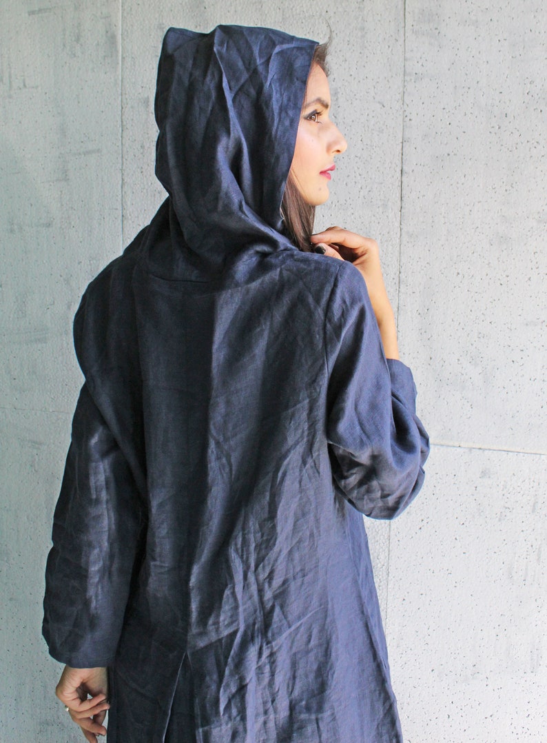 Washed Linen Overalls Blue Linen Dress 100/% Linen Dress Hooded Dress