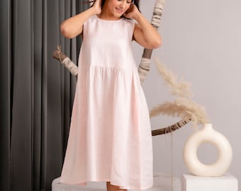 Sleeveless Linen Midi Dress: Women's Summer Modest Clothing, Minimalist Summer Outfit, Loose Fit Natural Fabric Clothing, Plus Size Clothing