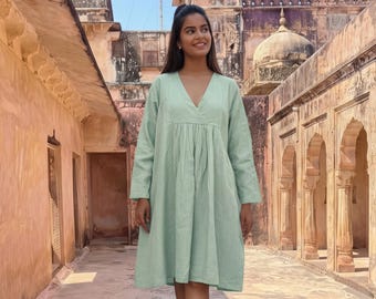 Long Sleeve Linen Dress, Loose Tunic, Empire Waist, Below Knee Length, Eco-Friendly Fabric