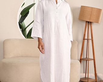 White Midi Dress with Mandarin Collar and Side Slits, White Linen Dress, Casual linen Dress, Bridesmaids linen dress, Linen dress women