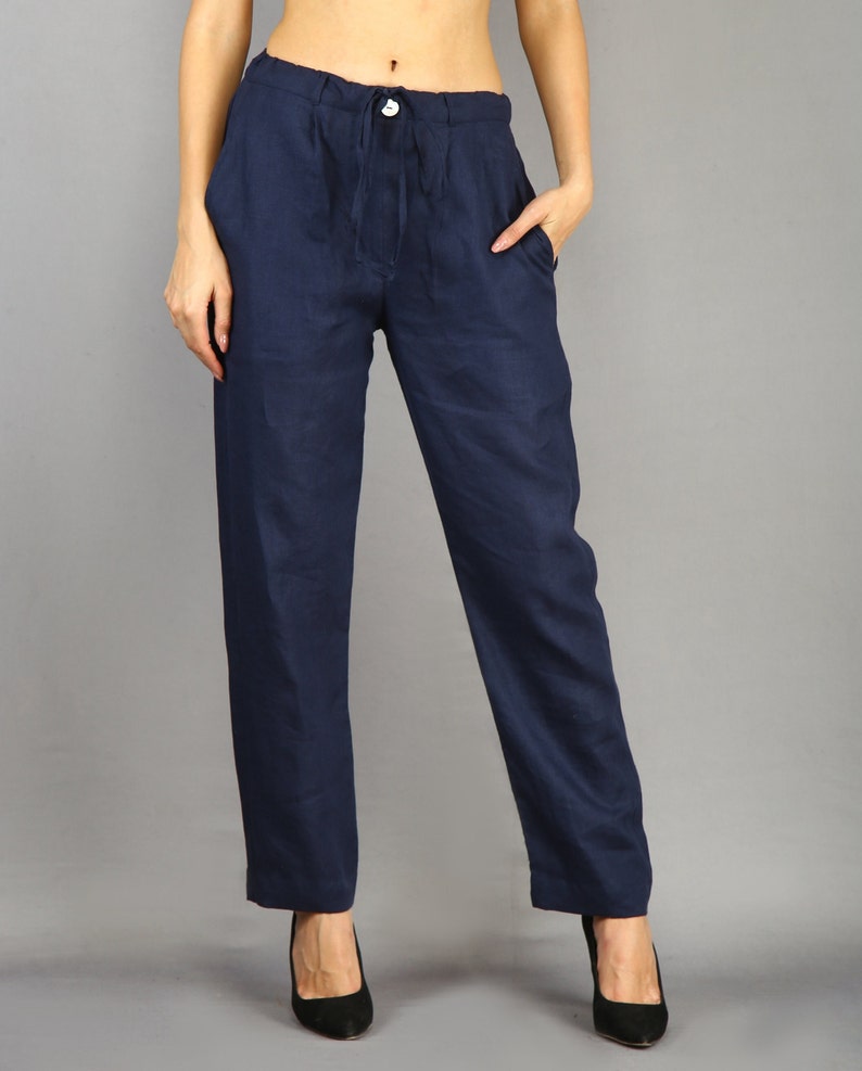 Pantalon en lin bleu pour femme, pantalon de pyjama en lin, pantalon ample, pantalon en lin basique, pyjama en lin, confortable à chaque fois image 1