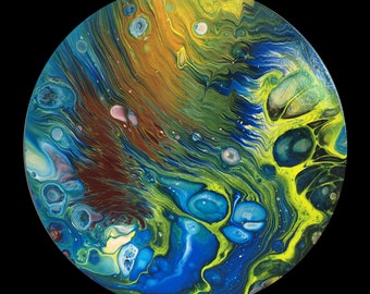 Im Fluss-Reihe Wunderschönes handgefertigtes Acrylbild Fluid Painting Original Abstraktes Kunstwerk, 50 cm Durchmesser