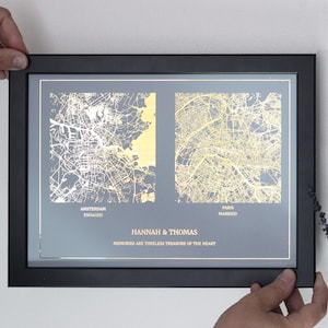 Impressão de mapa de cidade personalizado frustrado, noivo ou casado, impressão de mapa de dois locais personalizado, arte de parede de mapa metálico personalizado, presente de aniversário