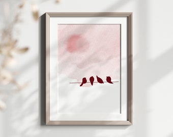 Impresión de arte de pájaro minimalista moderno, cartel de pájaro, impresiones de arte de pared, arte de pared rosa rubor, impresión nórdica, cartel escandinavo, impresión de ilustración