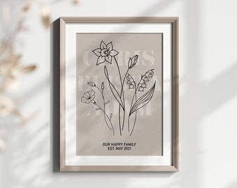Gepersonaliseerde geboortebloem familieprint, aangepaste geboortemaand bloemenprint, geboortebloemboeket, Moederdagcadeau, Inwijdingsfeest familiecadeau