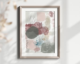 May include: Abstract art print in a light wooden frame. The artwork features a mix of shapes and colors, including pink, gray, teal, and burgundy. The design includes brushstrokes, splatters, and a few linear elements, creating a modern aesthetic.