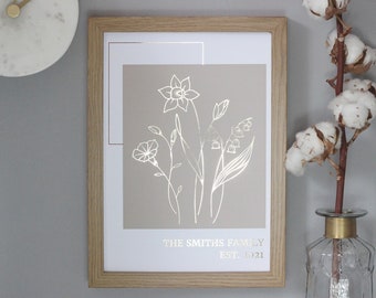 Personalised Birth Flower Family Print, Custom Birth Month Flower Wall Art In Rose Gold Foil, Birth Flower Bouquet, Gift For Mum or Grandma