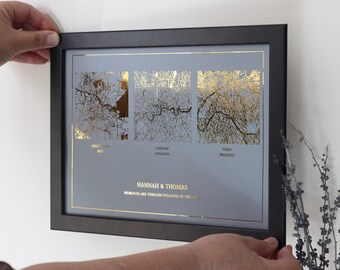 Met, verlobt und verheiratet folierte benutzerdefinierte Stadtkarte Druck, personalisierte Karte von drei Orten, metallisches benutzerdefiniertes Karte Poster, Geburtstagsgeschenk