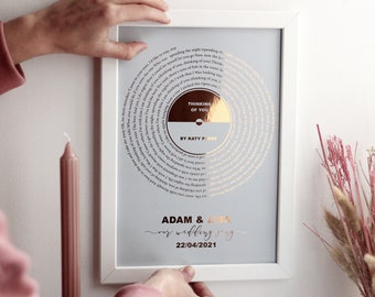 Custom Vinyl Song Lyrics Art In Gold Foil, Personalised Metallic Vinyl Record Print, Favourite Song Art Print, First Dance Song Lyrics Art