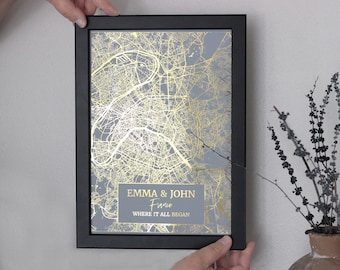 Custom Metallic Map Print, Any Location Personalised Map In Copper | Gold Foil, Custom City Map Print, Birthday Gift For Him Or Gift For Her