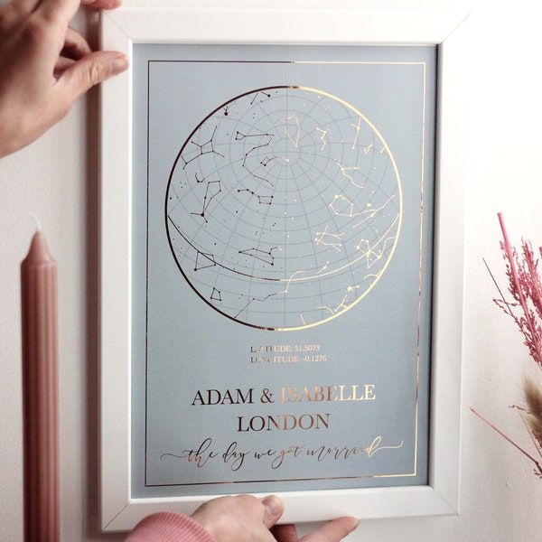Custom Foil Accurate Star Map Print By Date, Metallic The Day Or Night We Met / Got Engaged Or Got Married Night Sky Map, Anniversary Gift