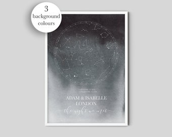 May include: A black and white watercolour print with a constellation map, the text "LATITUDE 51.5073", "LONGITUDE 0.1276", "ADAM & ISABELLE", "LONDON", and "the night we met".