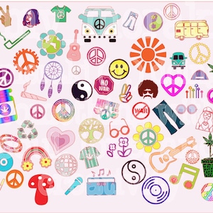 Hippie 70s retro art  Design Image Clipart Bundle SVG png pdf YOU picks colors peace sign ying yang love heart