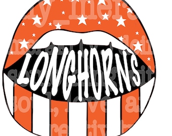 May include: Orange lips with white stars and stripes, with the word "Longhorns" in black letters.