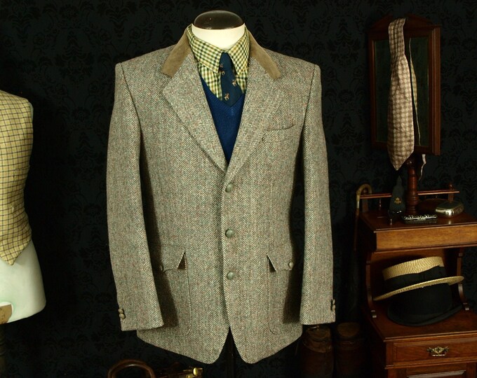 Mens Vintage Special Harris Tweed Dunn & Co Half Norfolk Style with cord detail Jacket in a Size 40  inch medium chest in a Short