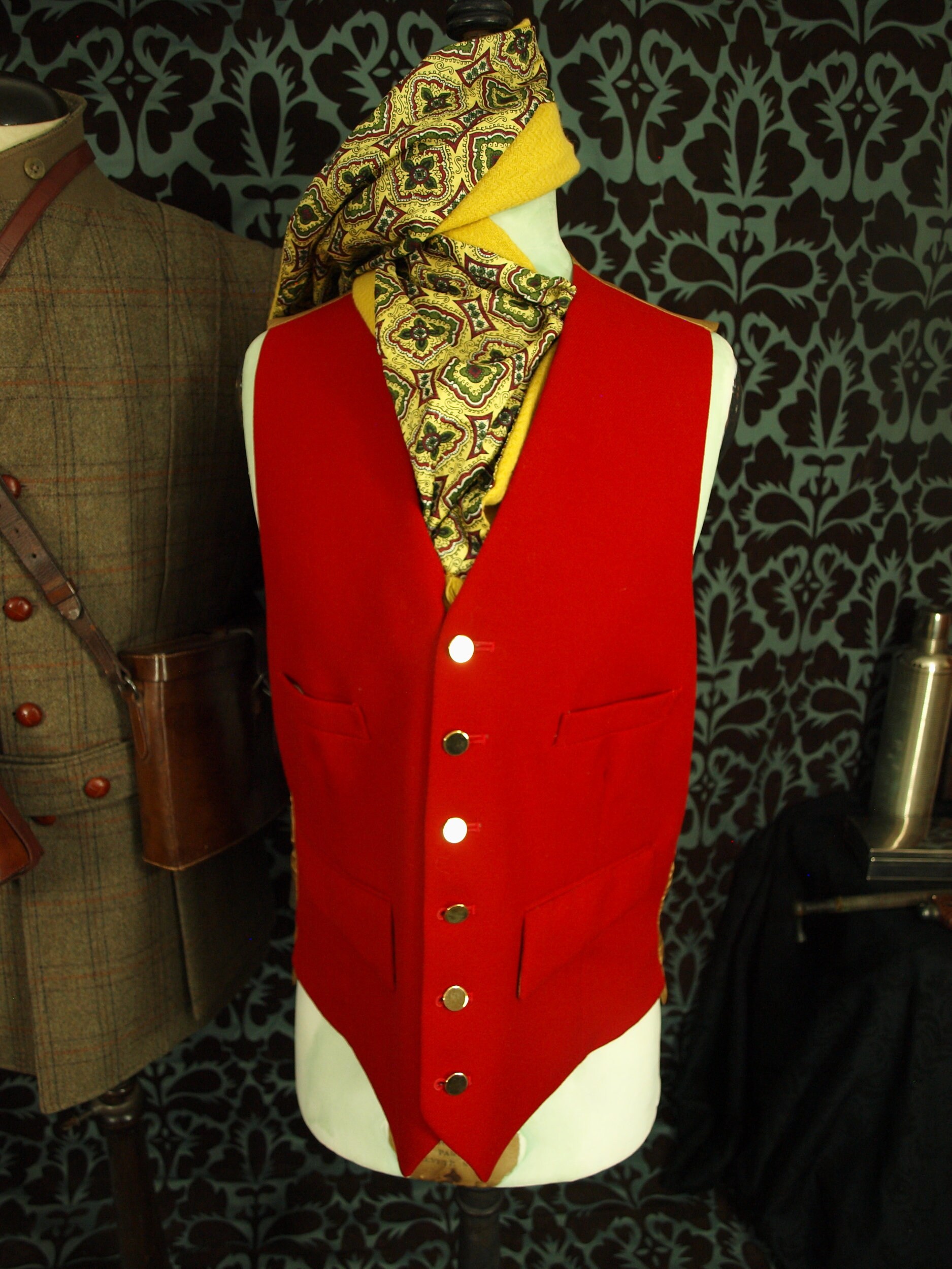 Mens Vintage Red Hunt Riding waistcoat Wool with Brass Buttons in a