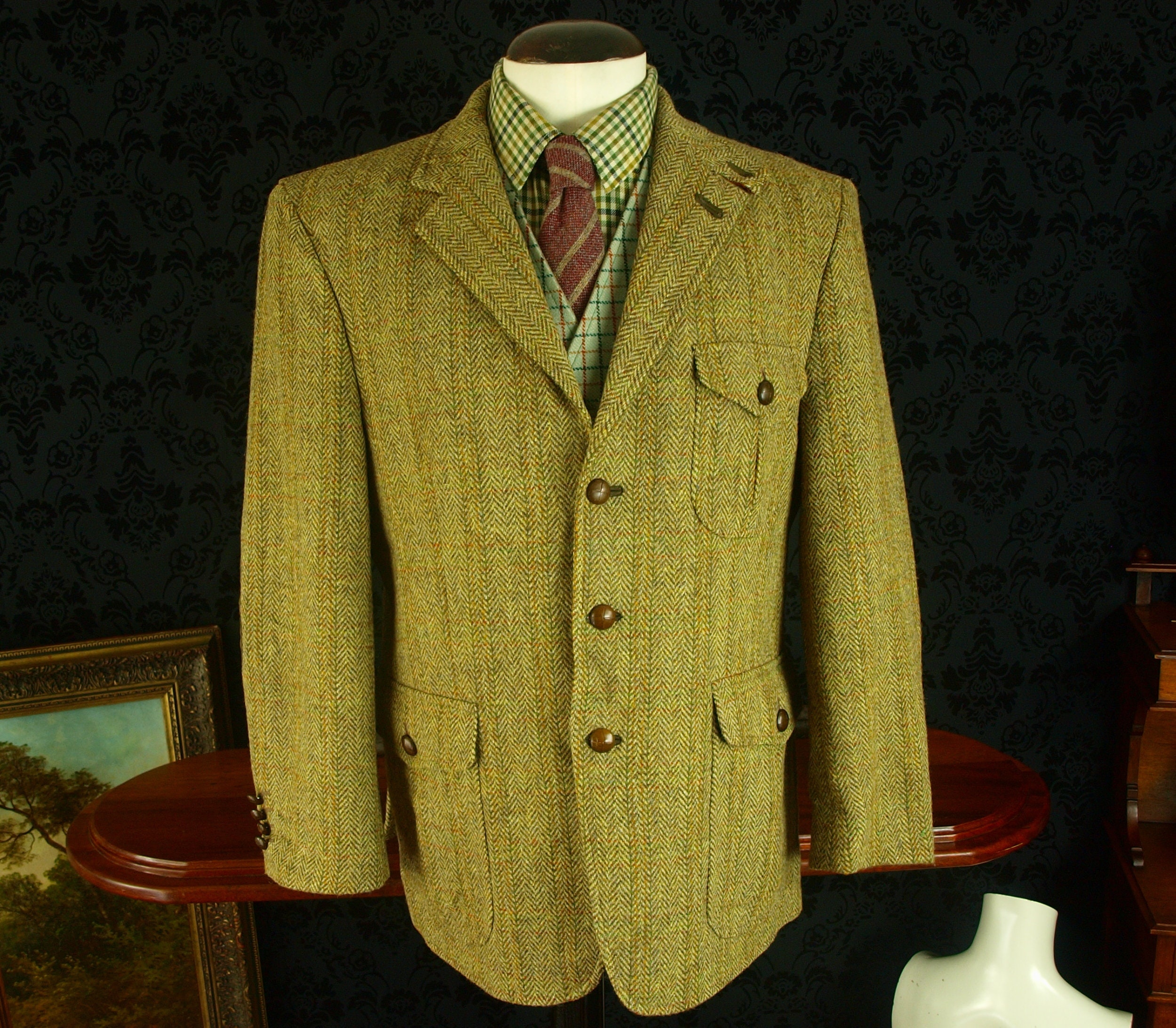 Mens Vintage Harris Tweed Norfolk Shooting Hunting Jacket Blazer Suede ...