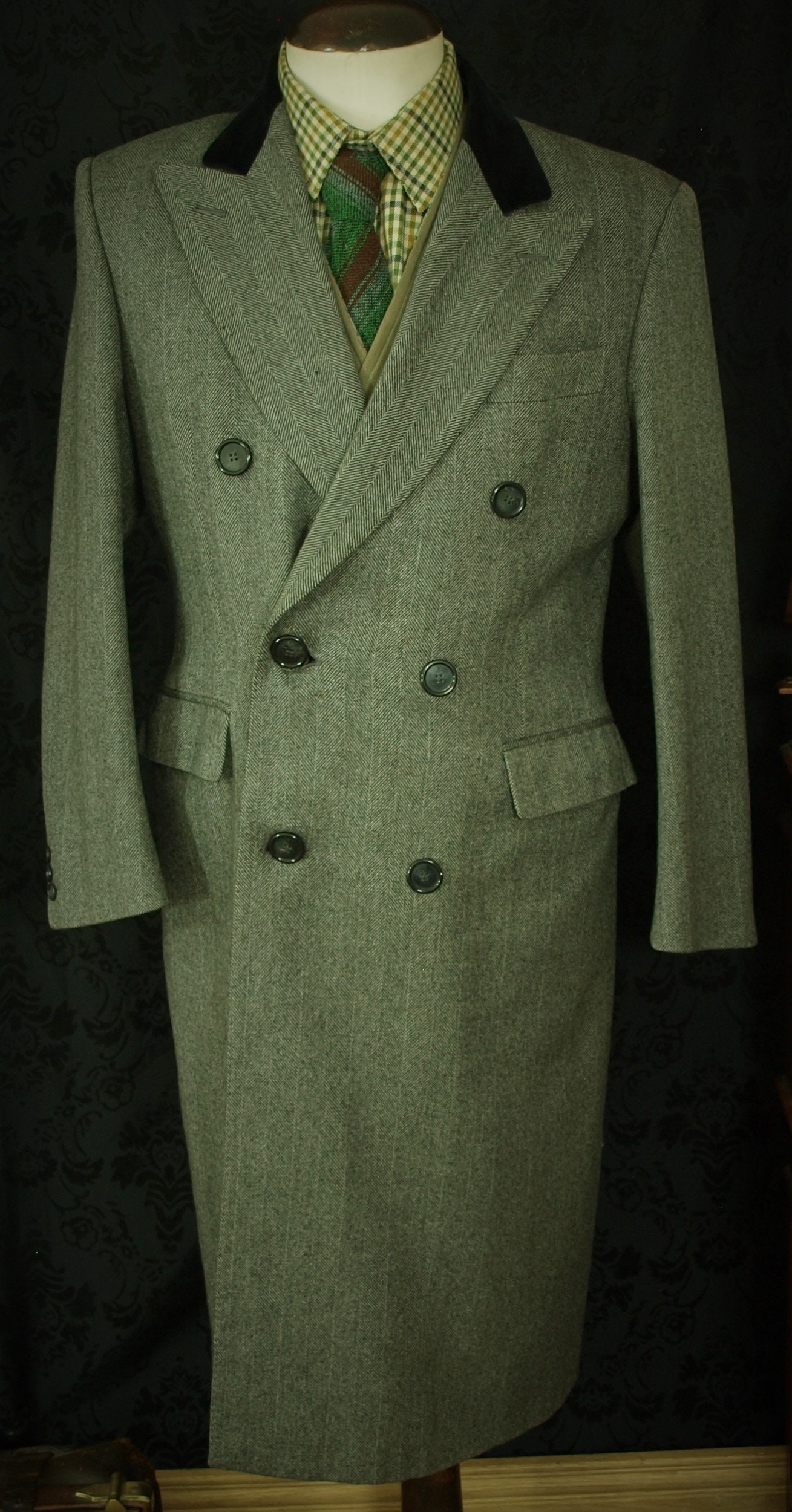 Good Mens Vintage Tweed Chesterfield Velvet Collar Coat Overcoat Size 40 Medium