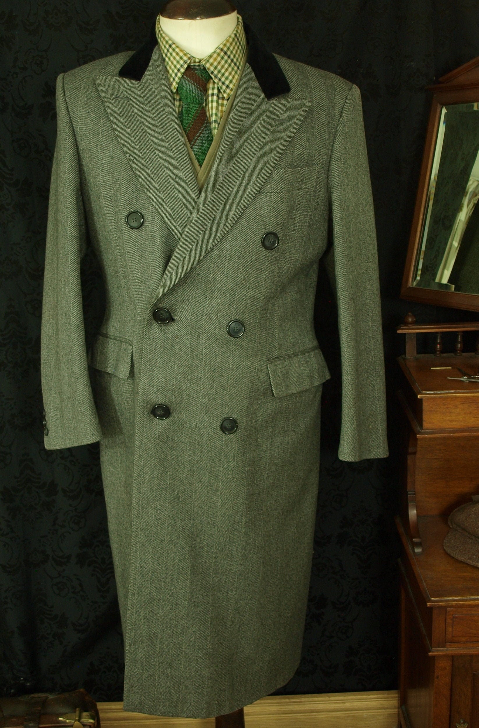 Good Mens Vintage Tweed Chesterfield Velvet Collar Coat Overcoat Size 40 Medium